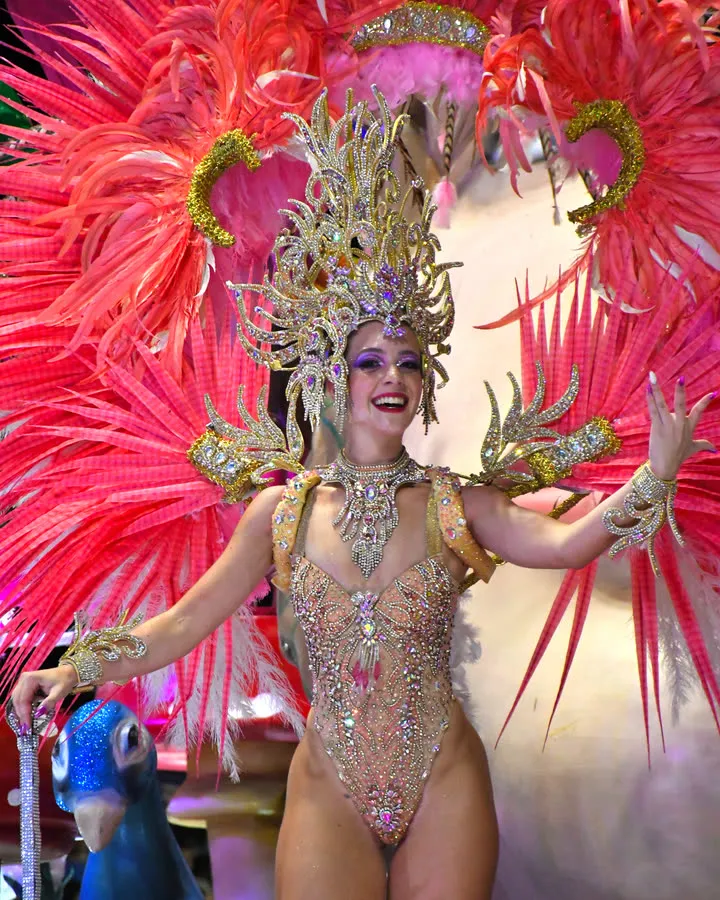 Bailarina de carnaval con tocado de plumas rosas